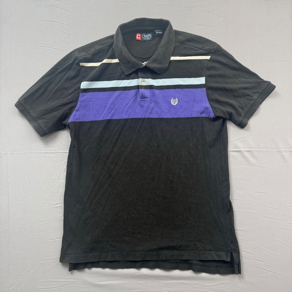 Chaps Mens XL Polo Shirt Black Purple Striped Short Sleeve Pique Cotton Logo